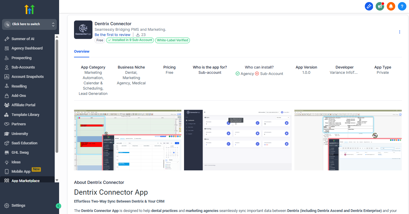Dashboard view of Dentrix Connector app in the GoHighLevel marketplace showing app details, screenshots, and install button