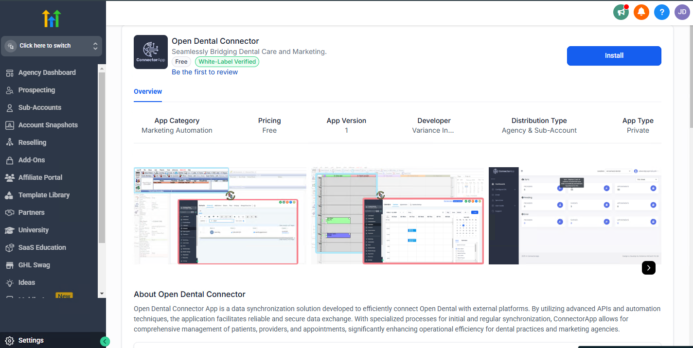 Dashboard view of Open Dental Connector app in the GoHighLevel marketplace showing app details, screenshots, and install button